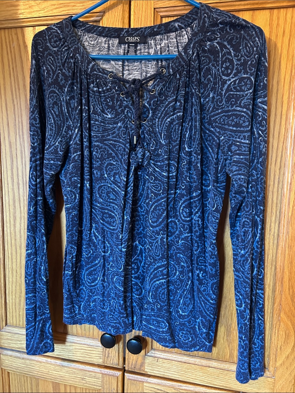Chaps Blue Paisley Lace-Up Long Sleeve Top